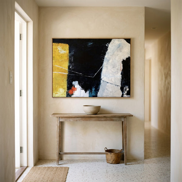 Moody Black Yellow Abstract Wall Art — Large Original Oil Painting, Textured Canvas — "Connection (Horizontal Ver.)"