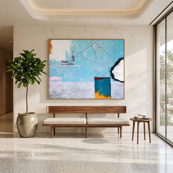 Large Moody Blue Abstract Wall Art — Original Oil Painting, Textured Canvas — "Tale III (Horizontal Ver.)"