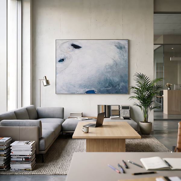 Serene Blue Minimalist Abstract Wall Art — Original Oil Painting, Textured Canvas Statement — "A little piece of moon (Horizontal Ver.)"