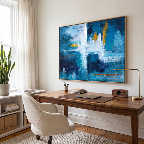 Moody Blue Abstract Wall Art — Original Oil Painting, Bold Textured Canvas — "Measurement (Horizontal Ver.)"