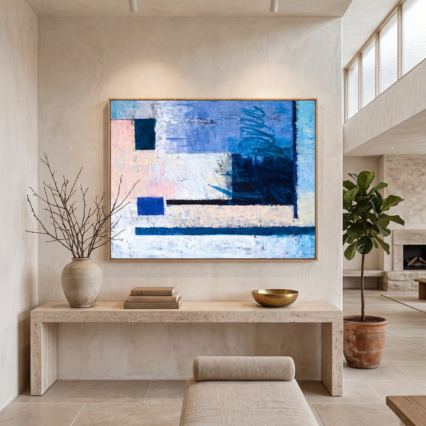 Cool Blue Bold Abstract Wall Art — Modern Original Oil Painting, Textured Canvas — "Window (Horizontal Ver.)"