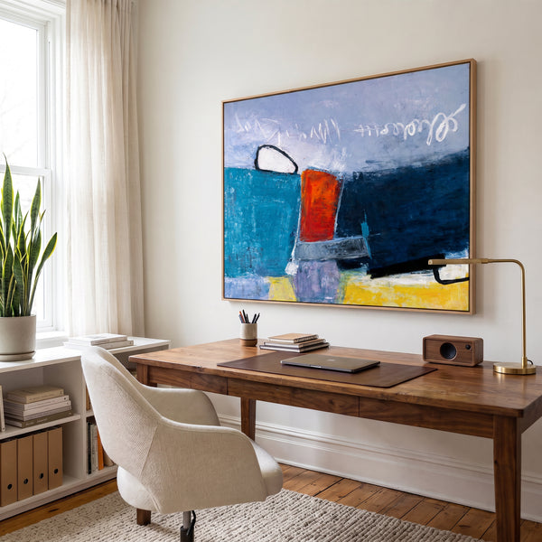 Abstract Wall Art, Bold Teal Modern Original Oil Painting — Textured Canvas Statement — "Mediate (Horizontal Ver.)"