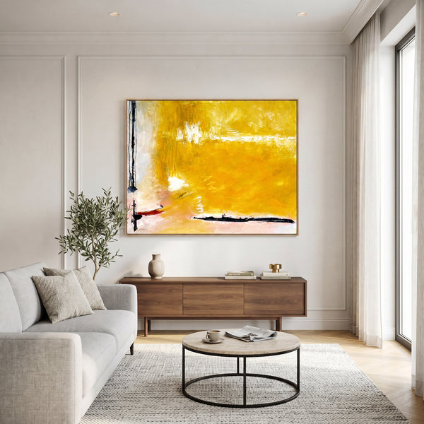 Large Yellow Modern Abstract Wall Art — Original Oil Painting, Textured Canvas — "Reminiscent (Horizontal Ver.)"