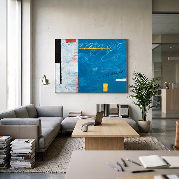 Abstract Wall Art Blue Modern Dynamic Original Oil Painting, Textured Canvas — "The Aleph (Horizontal Ver.)"