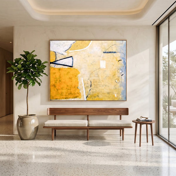 Large Yellow Minimalist Abstract Wall Art — Original Oil Painting, Textured Canvas — "Monday dream (Horizontal Ver.)"