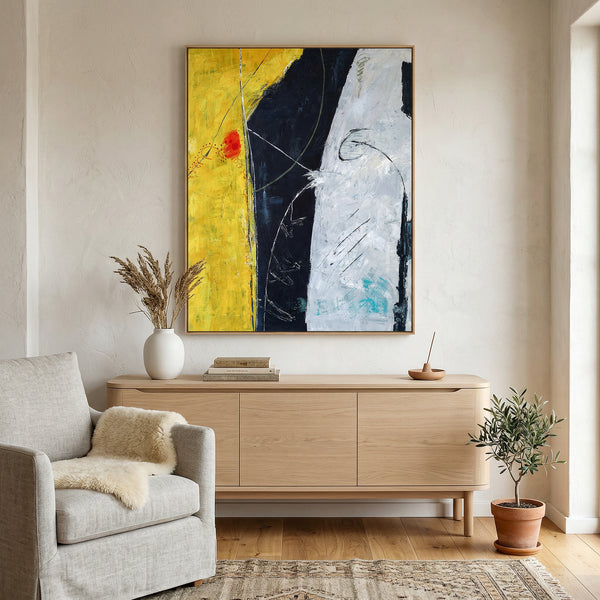 Bold Yellow Abstract Wall Art — Modern Original Oil Painting, Textured Canvas — "Connection II (Vertical Ver.)"