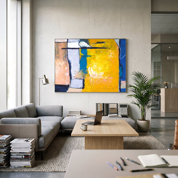 Vibrant Yellow Bold Abstract Wall Art — Modern Original Oil Painting, Textured Canvas — "Suburban (Horizontal Ver.)"