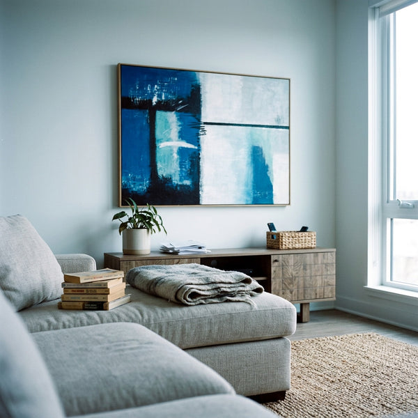 Bold Blue Modern Abstract Wall Art — Original Oil Painting, Textured Canvas — "Janus (Horizontal Ver.)"