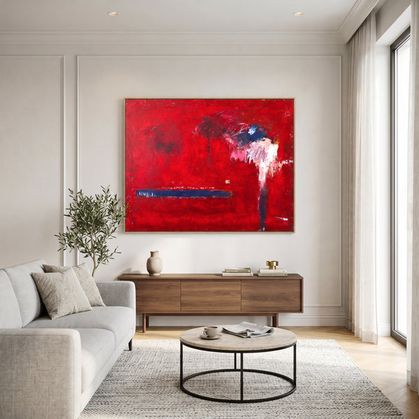 Bold Red Modern Abstract Wall Art — Vibrant Original Oil Painting, Textured Canvas — "Of the passion (Horizontal Ver.)"