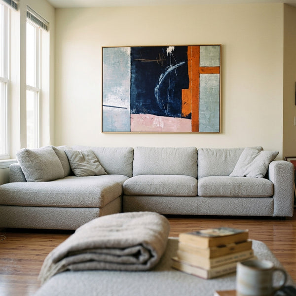 Moody Navy Abstract Wall Art — Large Original Oil Painting, Textured Canvas — "Composition A (Horizontal Ver.)"