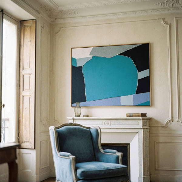 Bold Teal Geometric Abstract Wall Art — Original Oil Painting, Textured Canvas — "Geometry I (Horizontal Ver.)"