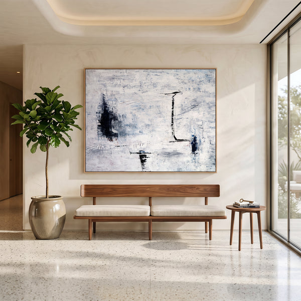 Large Abstract Wall Art — Minimalist Black White Original Oil Painting, Textured Canvas — "Trace (Horizontal Ver.)"