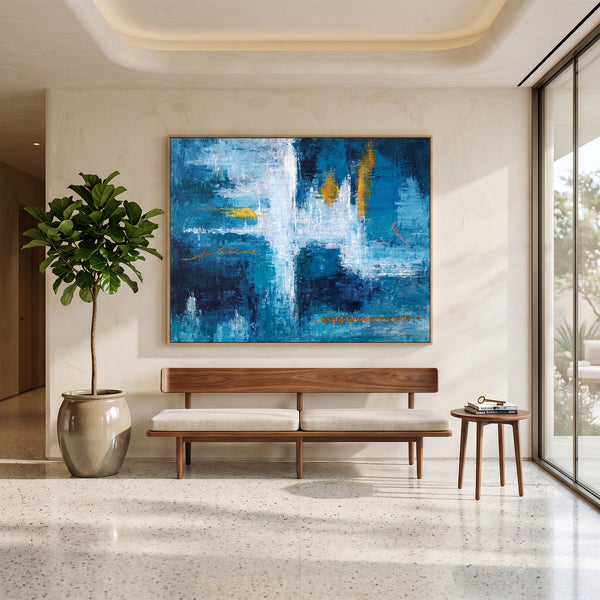 Moody Blue Abstract Wall Art — Original Oil Painting, Bold Textured Canvas — "Measurement (Horizontal Ver.)"