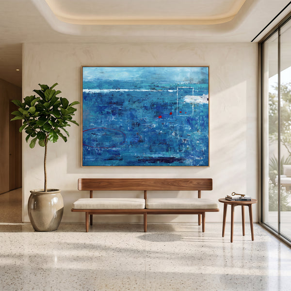 Moody Blue Abstract Wall Art — Large Original Oil Painting, Textured Canvas — "Red dot transported (Horizontal Ver.)"