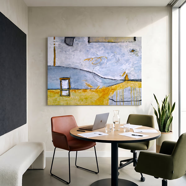 Abstract Wall Art, Yellow Modern Original Oil Painting — Large Textured Statement Canvas — "Yellow telephone booth (Horizontal Ver.)"