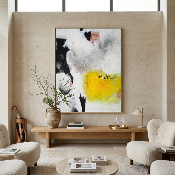 Oversized Black Yellow Abstract Wall Art — Original Oil Painting, Textured Canvas — "Sign (Vertical Ver.)"