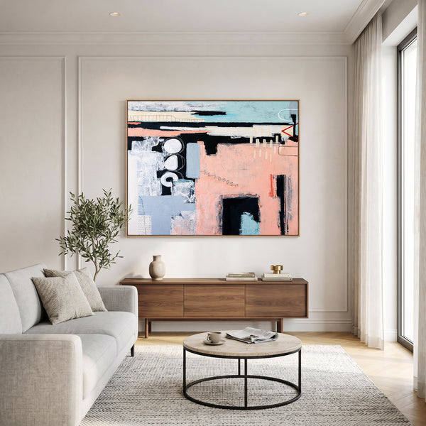 Bold Pink Modern Abstract Wall Art — Original Oil Painting, Textured Canvas — "Archive of longings (Horizontal Ver.)"