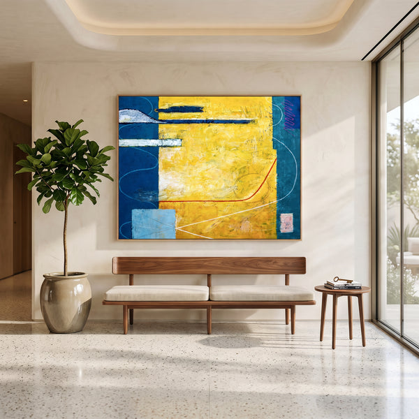 Large Yellow Teal Abstract Wall Art — Modern Original Oil Painting, Textured Canvas — "Summer time (Horizontal Ver.)"