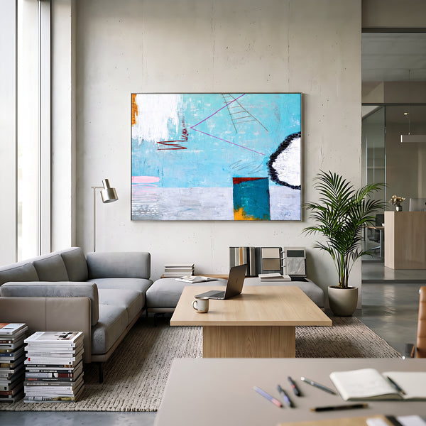 Large Moody Blue Abstract Wall Art — Original Oil Painting, Textured Canvas — "Tale III (Horizontal Ver.)"
