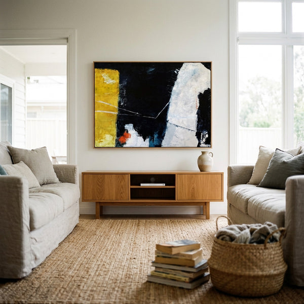 Moody Black Yellow Abstract Wall Art — Large Original Oil Painting, Textured Canvas — "Connection (Horizontal Ver.)"