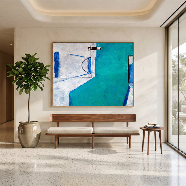 Teal Blue Bold Abstract Wall Art — Large Modern Original Oil Painting, Textured Canvas — "Out there (Horizontal Ver.)"