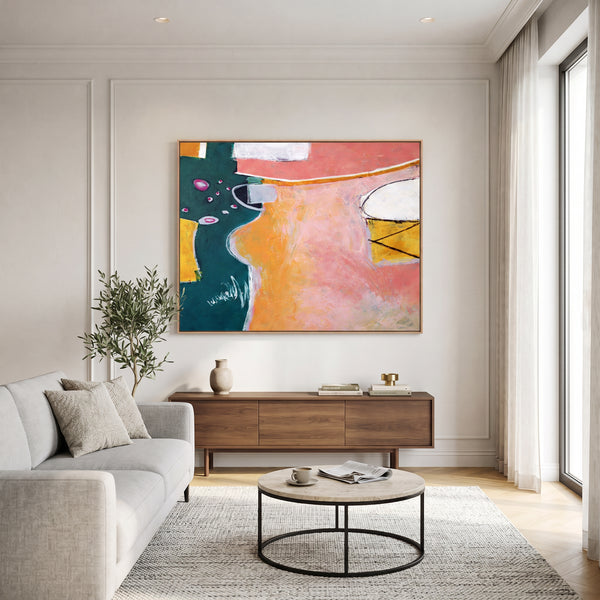 Vibrant Pink Modern Abstract Wall Art — Original Oil Painting, Textured Canvas — "Magician's table (Horizontal Ver.)"
