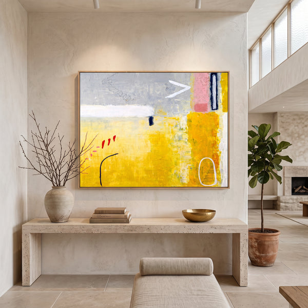 Yellow Modern Abstract Wall Art — Large Original Oil Painting, Textured Canvas — "Tuesday dream (Horizontal Ver.)"
