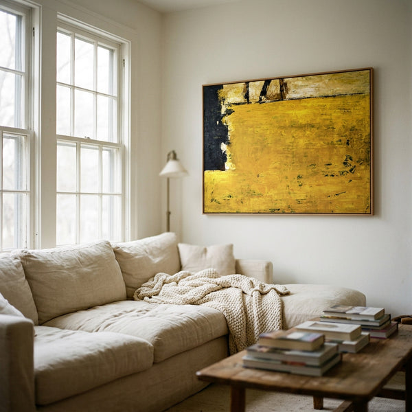 Yellow Abstract Wall Art — Modern Textured Original Oil Painting, Large Canvas — "Field of yellow (Horizontal Ver.)"