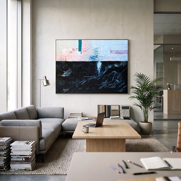 Moody Black Blue Abstract Wall Art — Large Original Oil Painting, Textured Canvas — "The South (Horizontal Ver.)"