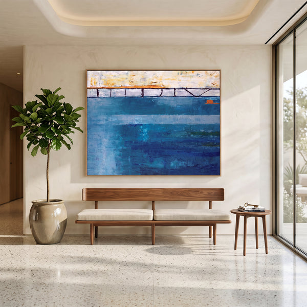 Cool Blue Moody Abstract Wall Art — Original Oil Painting, Textured Canvas — "Passage (Horizontal Ver.)"