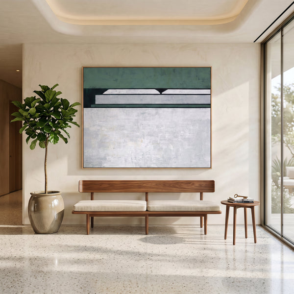Large Moody Blue Abstract Wall Art — Original Oil Painting, Textured Canvas — "Room I (Horizontal Ver.)"