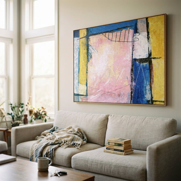 Pink Blue Abstract Wall Art — Large Original Oil Painting, Textured Canvas — "Hope (Horizontal Ver.)"