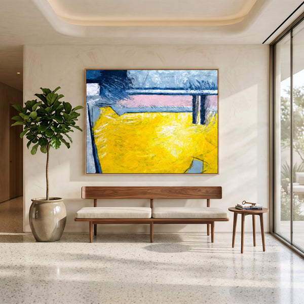 Large Yellow Modern Abstract Wall Art — Original Oil Painting, Textured Canvas — "Reinforce (Horizontal Ver.)"