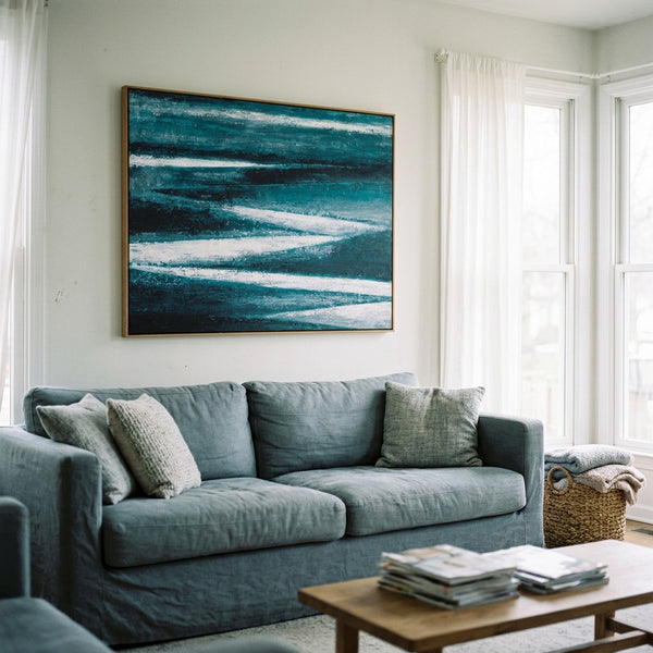 Moody Teal Abstract Wall Art — Large Original Oil Painting, Textured Canvas — "Channel (Horizontal Ver.)"