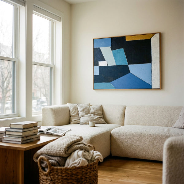 Bold Blue Geometric Abstract Wall Art — Modern Original Oil Painting, Textured Canvas — "Geometry II (Horizontal Ver.)"